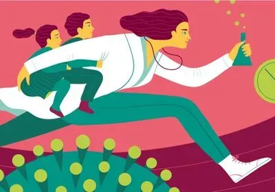 illustration of a scientist carrying a test tube and leaping over a large coronavirus while carrying two children on her back illustration of a scientist carrying a test tube and leaping over a large coronavirus while carrying two children on her back